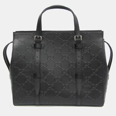 Pre-owned Gucci Black Leather Perforated Gg Embossed Tote Bag