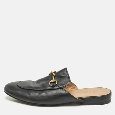 Pre-owned Gucci Black Leather Princetown Flat Mules Size 37