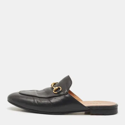 Pre-owned Gucci Black Leather Princetown Horsebit Flat Mules Size 36.5