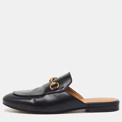 Pre-owned Gucci Black Leather Princetown Horsebit Flat Mules Size 36.5