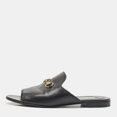 Pre-owned Gucci Black Leather Princetown Horsebit Flat Slide Sandals Size 38