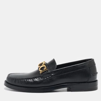 Pre-owned Gucci Black Leather Quentin Logo Plaque Slip On Loafers Size 35