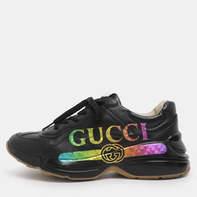 Pre-owned Gucci Black Leather Rhyton Rainbow Low Top Sneakers Size 39.5