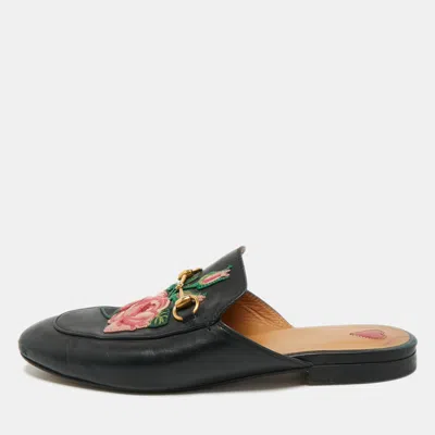 Pre-owned Gucci Black Leather Rose Embroidered Princetown Flat Mules Size 40