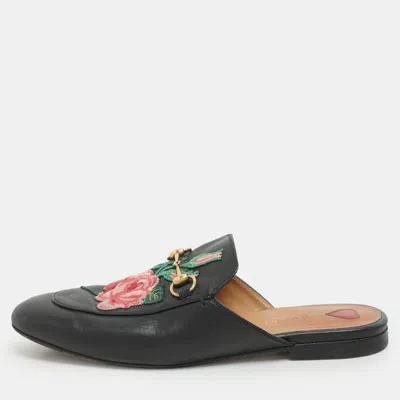 Pre-owned Gucci Black Leather Rose Embroidered Princetown Horsebit Flat Mules Size 38.5