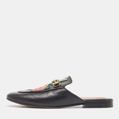 Pre-owned Gucci Black Leather Rose Embroidered Princetown Horsebit Flat Mules Size 39