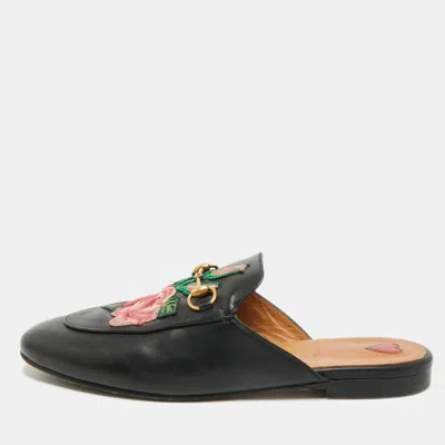Pre-owned Gucci Black Leather Rose Embroidered Princetown Horsebit Flat Mules Size 39.5