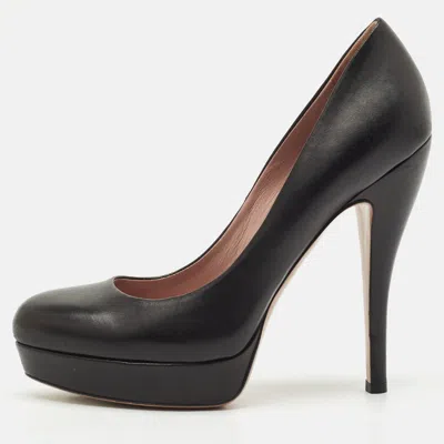 Pre-owned Gucci Black Leather Round Toe Platform Pumps Size 38