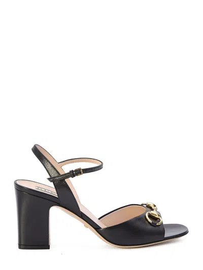 Gucci Black Leather Sandals With Adjustable Ankle Strap And Horsebit Accent