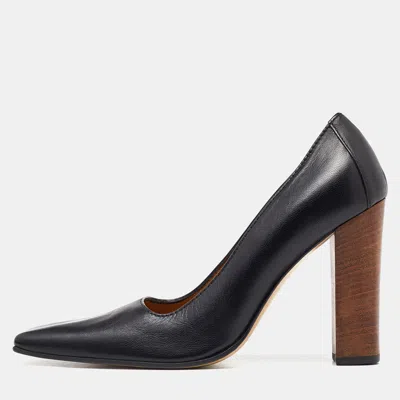 Pre-owned Gucci Black Leather Sqaure Toe Block Heel Pumps Size 38