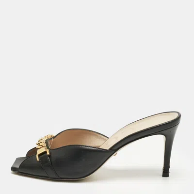 Pre-owned Gucci Black Leather Sylvie Chain Slide Sandals Size 36