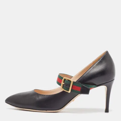 Pre-owned Gucci Black Leather Sylvie Mary Jane Pumps Size 37