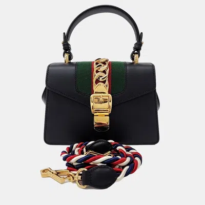 Pre-owned Gucci Black Leather Sylvie Mini Tote And Crossbody Bag
