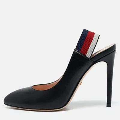 Pre-owned Gucci Black Leather Sylvie Web Detail Slingback Pumps Size 36