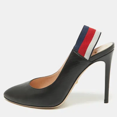Pre-owned Gucci Black Leather Sylvie Web Detail Slingback Sandals Size 39.5