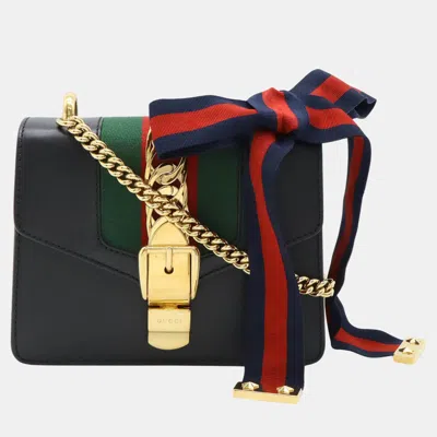 Pre-owned Gucci Black Leather Sylvie Web Line Ribbon Chain Bag