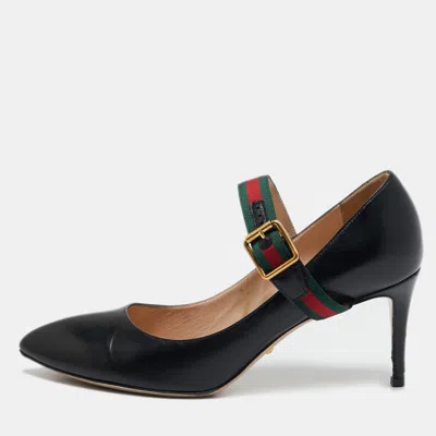 Pre-owned Gucci Black Leather Sylvie Web Pointed Toe Mary Jane Pumps Size 39