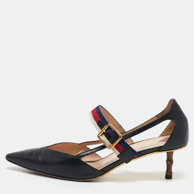 Pre-owned Gucci Black Leather Sylvie Web Strap Bamboo Heel Pumps Size 38.5
