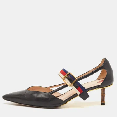 Pre-owned Gucci Black Leather Sylvie Web Strap Bamboo Heel Unia Pumps Size 40