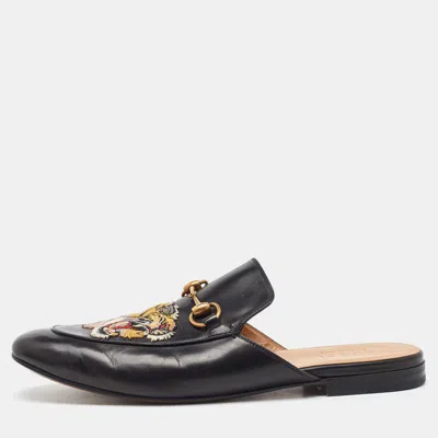 Pre-owned Gucci Black Leather Tiger Embroidered Princetown Horsebit Flat Mules Size 44