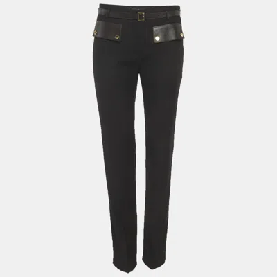 Pre-owned Gucci Black Leather Trim Wool Belted Trousers S