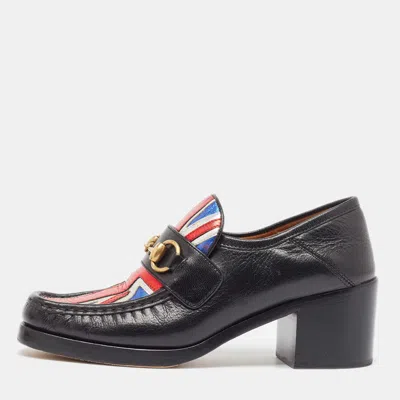 Pre-owned Gucci Black Leather Union Jack Horsebit Loafer Pumps Size 37