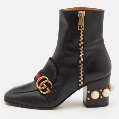 Pre-owned Gucci Black Leather Web Ankle Length Boots Size 37.5