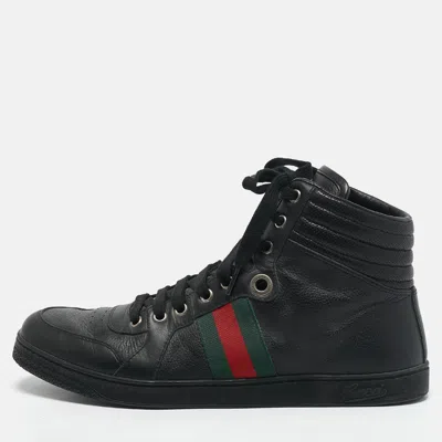 Pre-owned Gucci Black Leather Web Detail High Top Sneakers Size 42