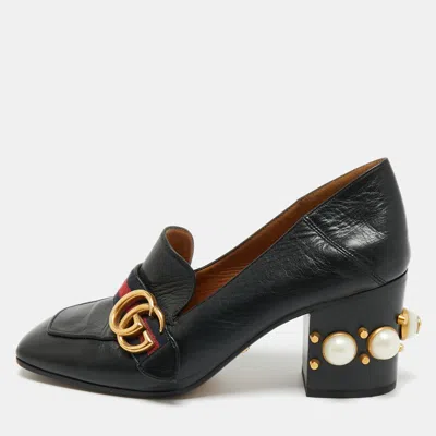Pre-owned Gucci Black Leather Web Gg Marmont Faux Pearl Embellished Loafer Pumps Size 37