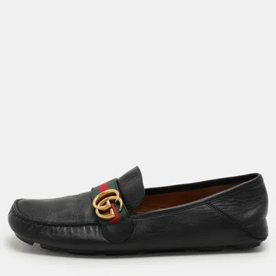 Pre-owned Gucci Black Leather Web Gg Marmont Loafers Size 42