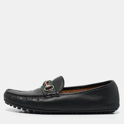 Pre-owned Gucci Black Leather Web Horsebit Loafers Size 42