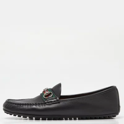 Pre-owned Gucci Black Leather Web Horsebit Slip On Loafers Size 42