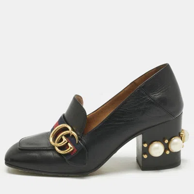 Pre-owned Gucci Black Leather Web Pearl Embellished Peyton Loafer Pumps Size 35.5