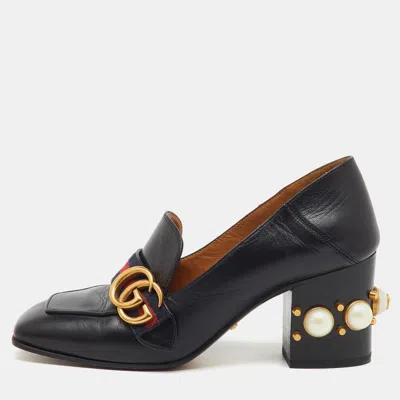 Pre-owned Gucci Black Leather Web Pearl Embellished Peyton Loafer Pumps Size 37