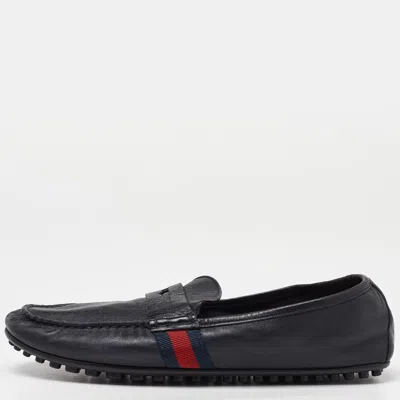Pre-owned Gucci Black Leather Web Penny Slip On Loafers Size 43