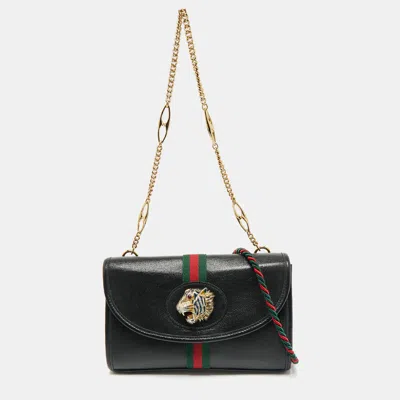 Pre-owned Gucci Black Leather Web Rajah Small Flap Shoulder Bag