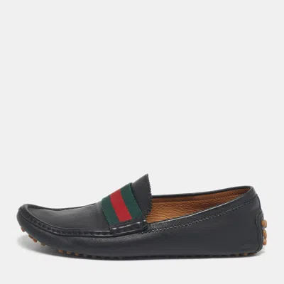 Pre-owned Gucci Black Leather Web Slip On Loafers Size 42