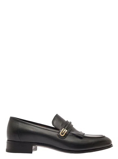 Gucci Black Loafers With Fringes And Double G In Smooth Leather Man In Multicolor