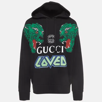 Pre-owned Gucci Black Logo And Loved Print Cotton Hoodie L