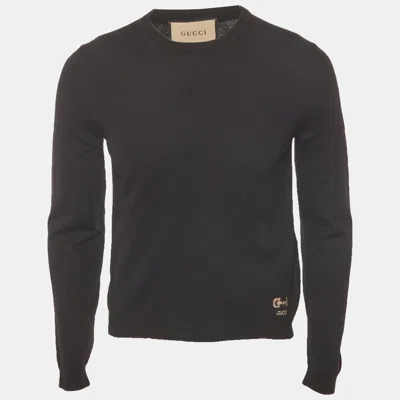 Pre-owned Gucci Black Logo Intarsia Wool Knit Sweater Xl