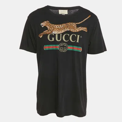 Pre-owned Gucci Black Logo Print Cotton Leopard Patch Detail Distressed T-shirt M