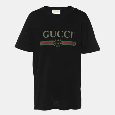 Pre-owned Gucci Black Logo Print Cotton Round Neck T-shirt L