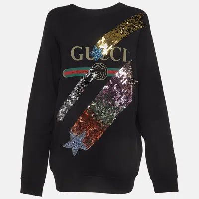 Pre-owned Gucci Black Logo Print Cotton Star Sequin Embellished Sweatshirt M