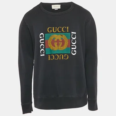 Pre-owned Gucci Black Logo Print Distressed Cotton Crew Neck Sweatshirt Xl