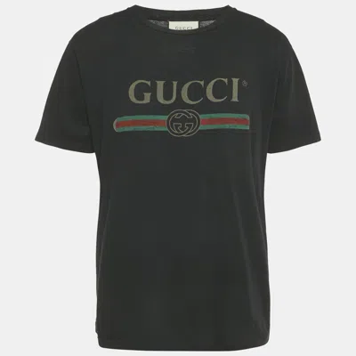 Pre-owned Gucci Black Logo Print Distressed Cotton Crew Neck T-shirt S