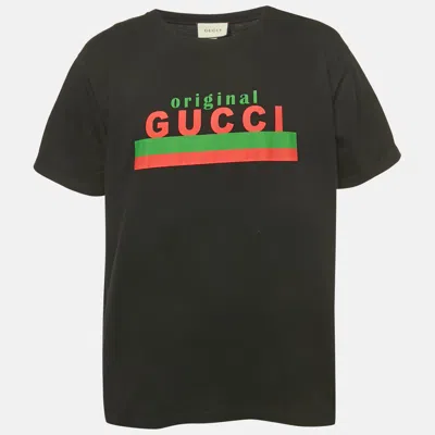 Pre-owned Gucci Black Logo Print Jersey Crewneck T-shirt L