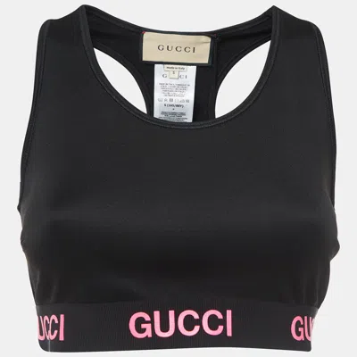 Pre-owned Gucci Black Logo Print Jersey Cropped Tank Top S