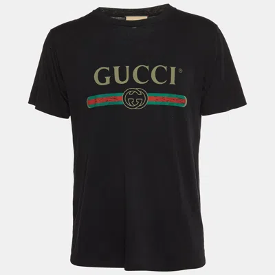 Pre-owned Gucci Black Logo Print Jersey Distressed Crewneck T Shirt S