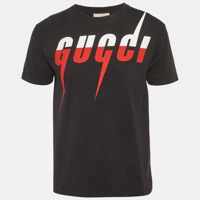 Pre-owned Gucci Black Logo Print Jersey Oversized T-shirt Xs