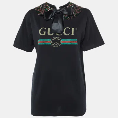 Pre-owned Gucci Black Logo Print Sequined Embellished Collar T-shirt Xs